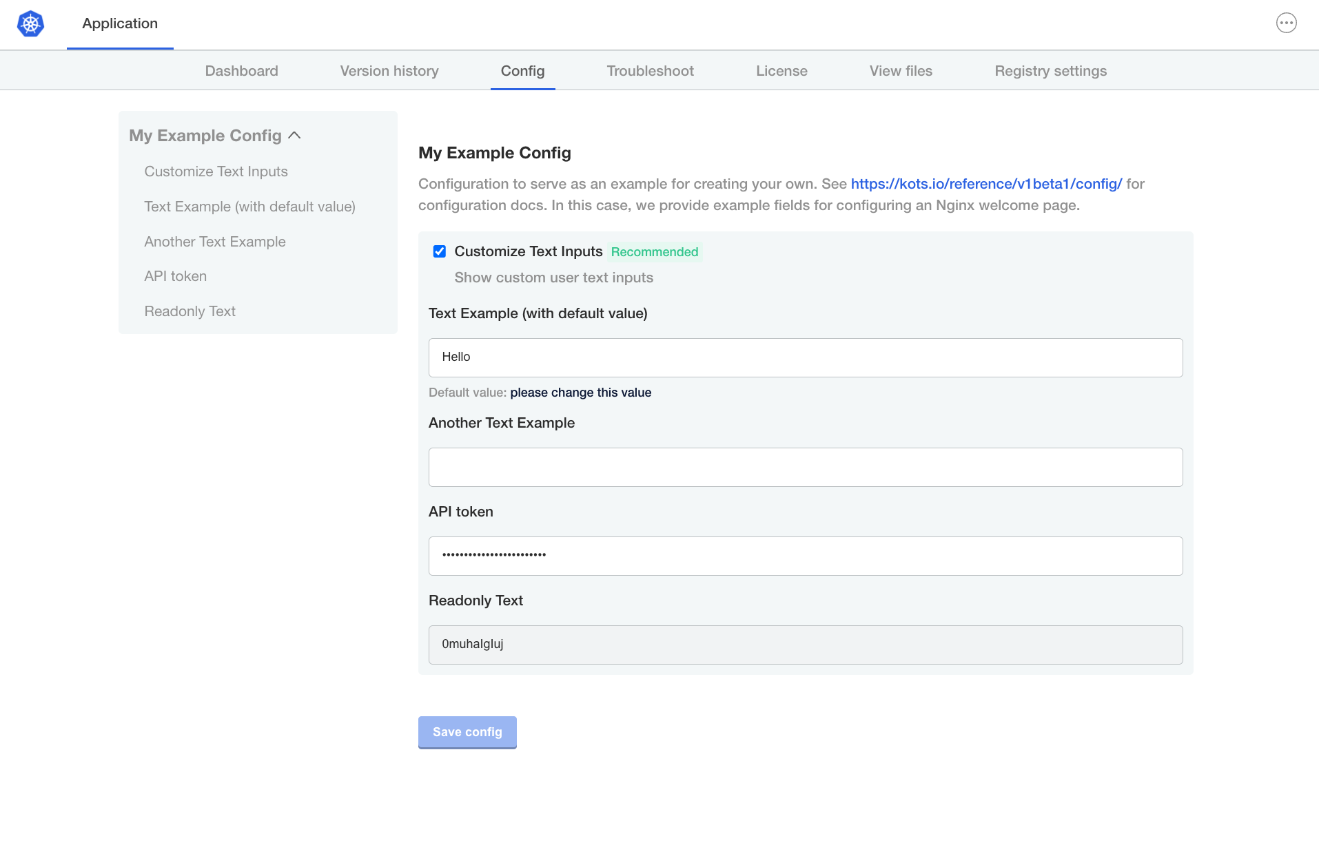 Admin Console configuration page with Another Text Example field